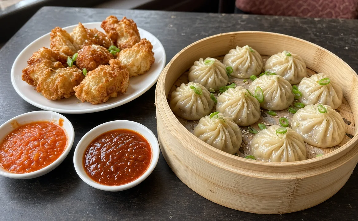 Steamed momos in a bamboo steamer with fried momos and bowls of achar