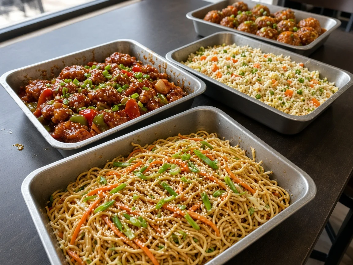 Party trays of Hakka dishes set out on a long table