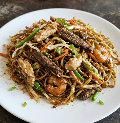 Hakka noodles with chicken, beef, shrimp and vegetables