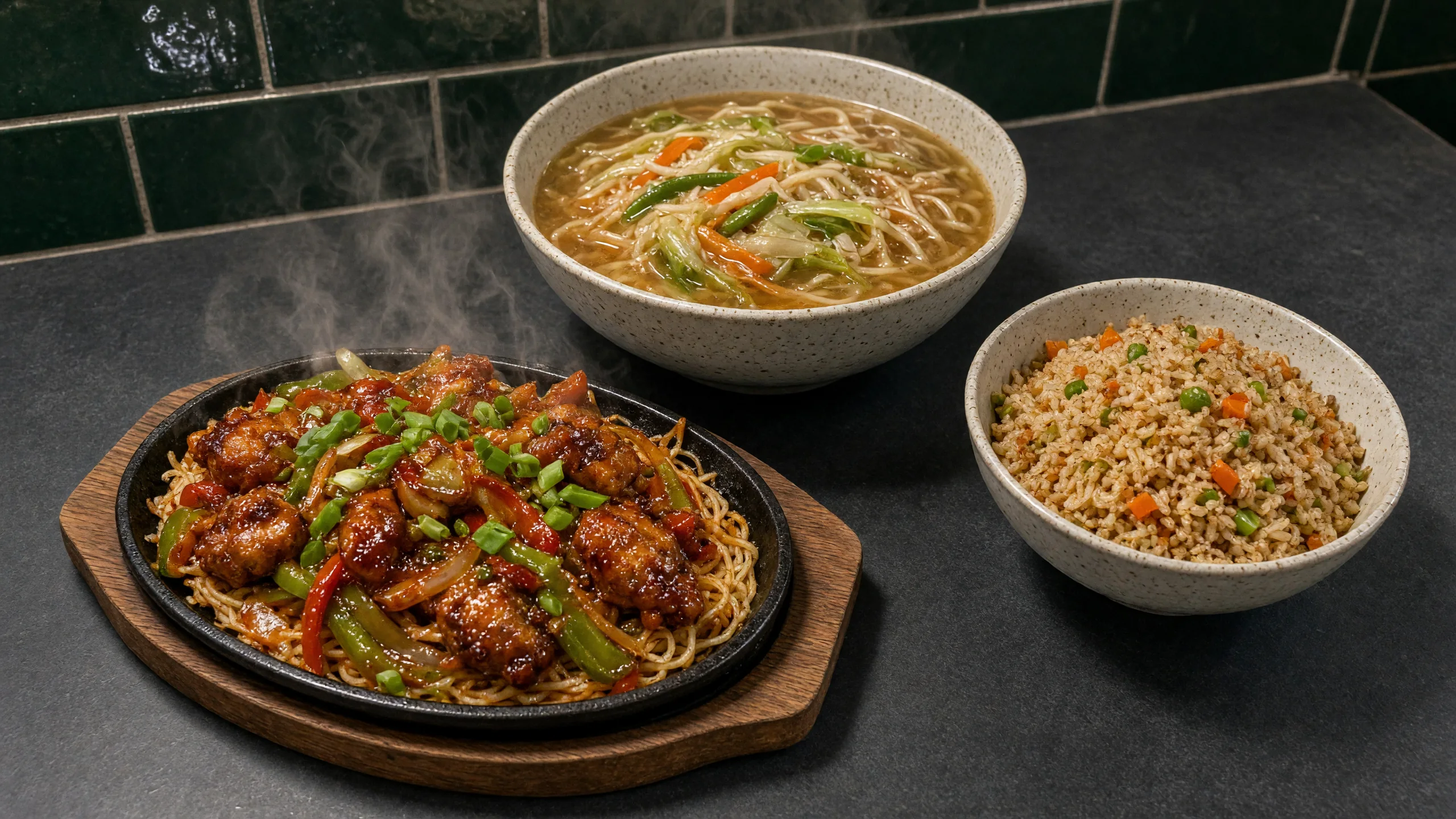 A sizzling cast-iron plate of Hakka food with a bowl of soup and a bowl of rice