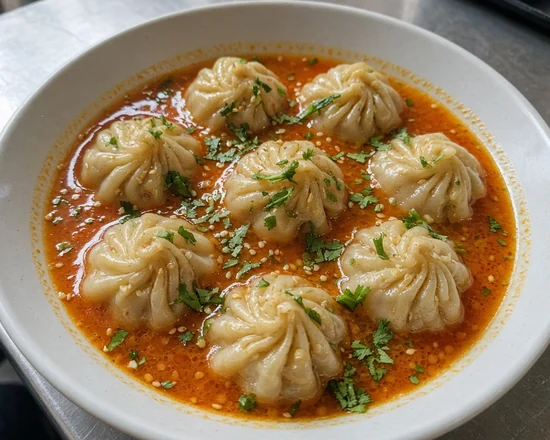 Steamed momos in an orange tomato and sesame jhol broth with chopped coriander