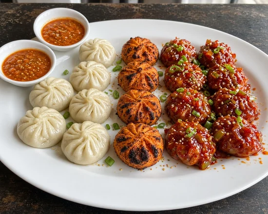 Steamed momos, tandoori momos and momos in red chilli sauce side by side on a white platter, with bowls of tomato achar