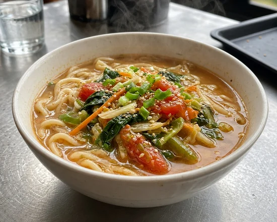 Bowl of veg thukpa noodle soup with cabbage, carrot, spinach and tomato